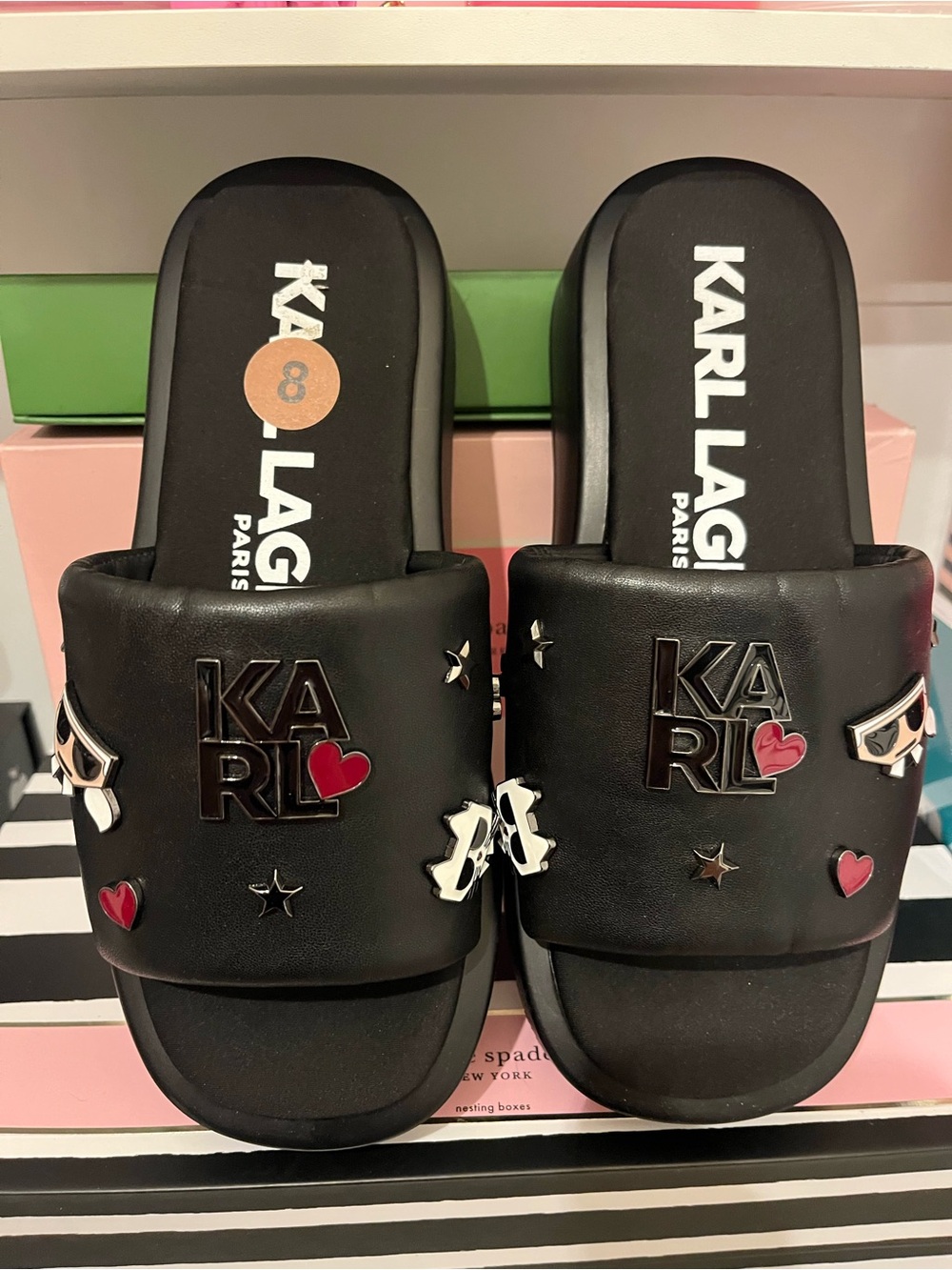 Karl Lagerfeld Black Slide Sandals with Heart & Logo Charms NWT